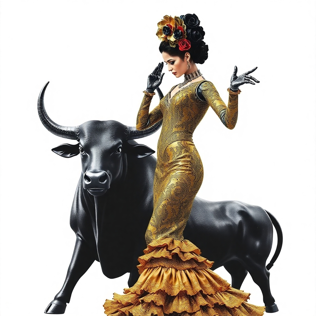 Femme andalouse vêtue d'une robe de flamenco cour or aux côtés d'un taureau noir