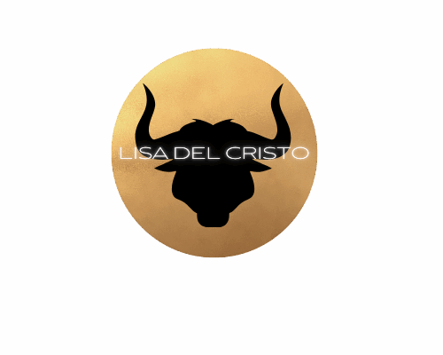 Logo représenté par une tête de taureau de couleur noire sur un fond doré circulaire avec un titre LISA DEL CRISTO écrit en blanc