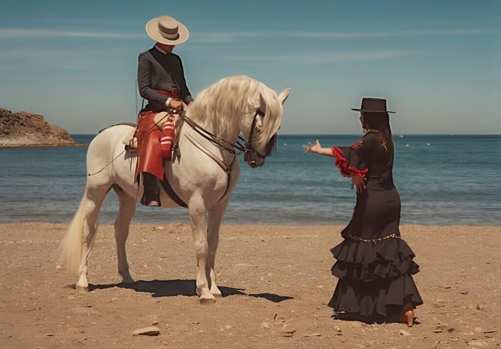 Cheval andalou et sa danseuse de flamenco
