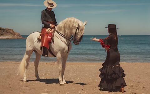 Cheval andalou et sa danseuse de flamenco