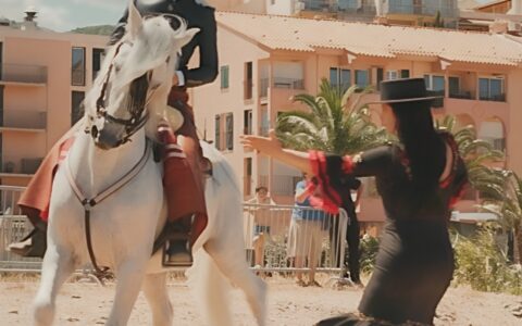 Danseuse flamenca face à un cheval blanc lors d’une scène de flamenco équestre.