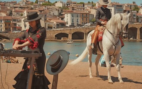 DJ en tenue flamenca rouge mixant sur la plage avec en arrière plan un magnifique cheval andalou blanc et l'eau bleue de la mer