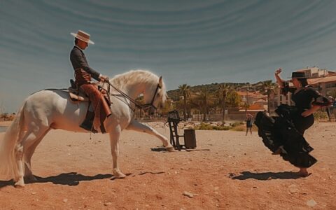 Danseuse flamenca en tenue rouge face à un cheval blanc sur une plage, scène de flamenco équestre en extérieur.
